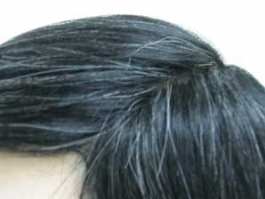 【修理後】黒の自然毛を全体に80％の増毛と白髪15％増毛仕上げ。自然な風合いを出す為に人毛70％+耐熱毛30％使用しました。